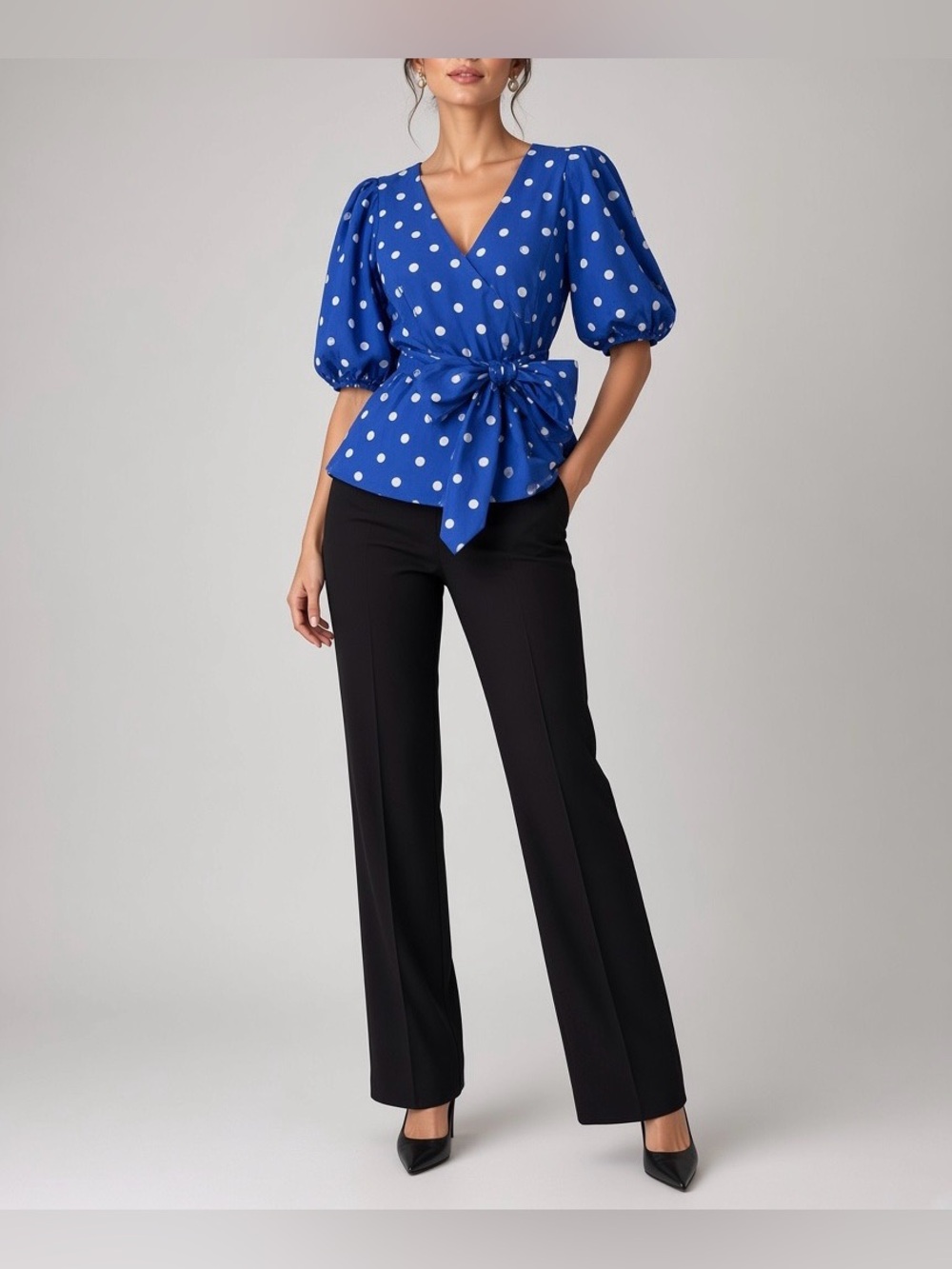 Lilly Pulitzer Kara Cotton Wrap Blue Polka Dot Top Puff sleeve, Sz 8